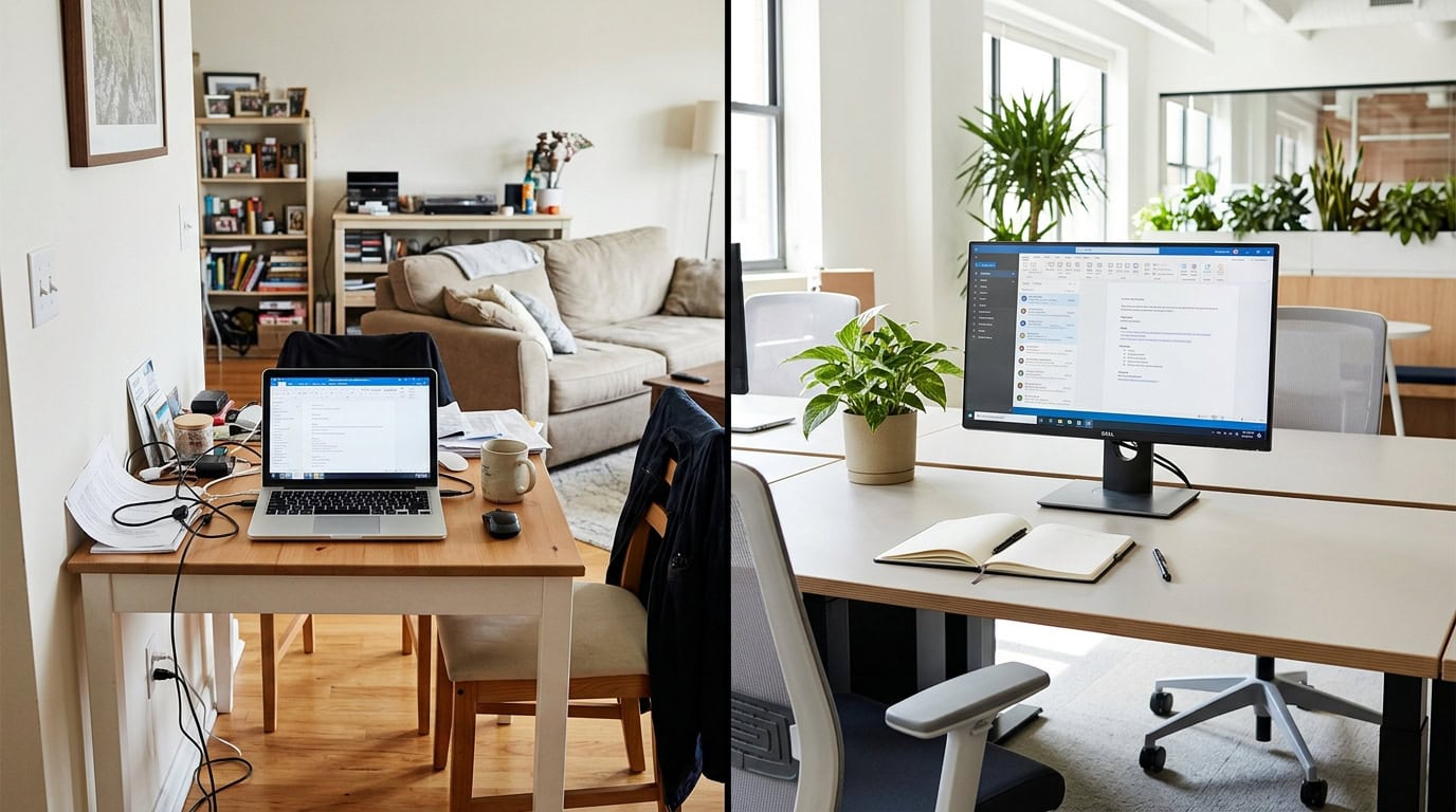 Side-by-side comparison of a cluttered home office workspace versus a clean professional co-working desk